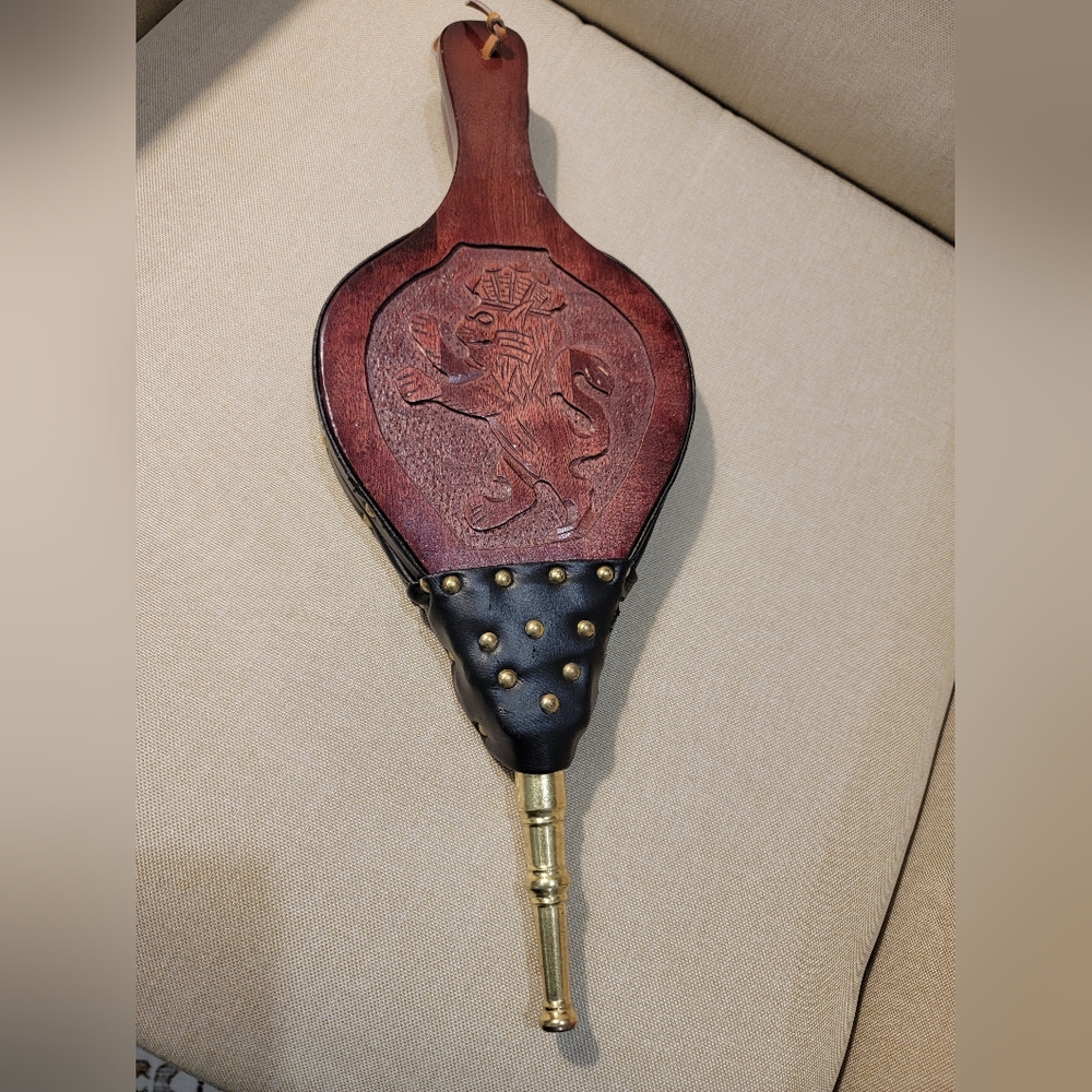 Vintage Wood Carved Fireplace Bellow. Wood With Brass Studs And Leather .